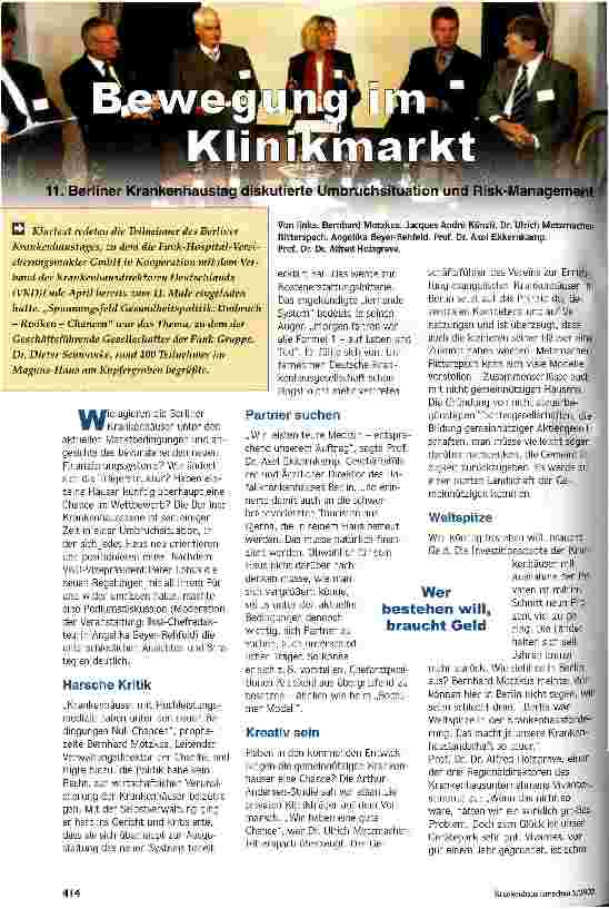 Vorschauseite 1: Bewegung im Klinikmarkt 11. Berliner Krankenhaustag diskutierte Umbruchsituation und Risk-Management