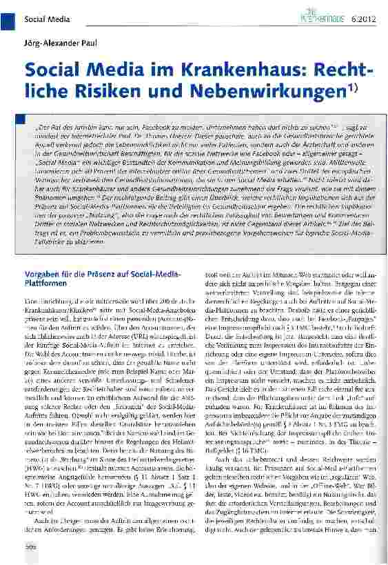 Vorschauseite 1: Social Media im Krankenhaus: Rechtliche Risiken und Nebenwirkungen