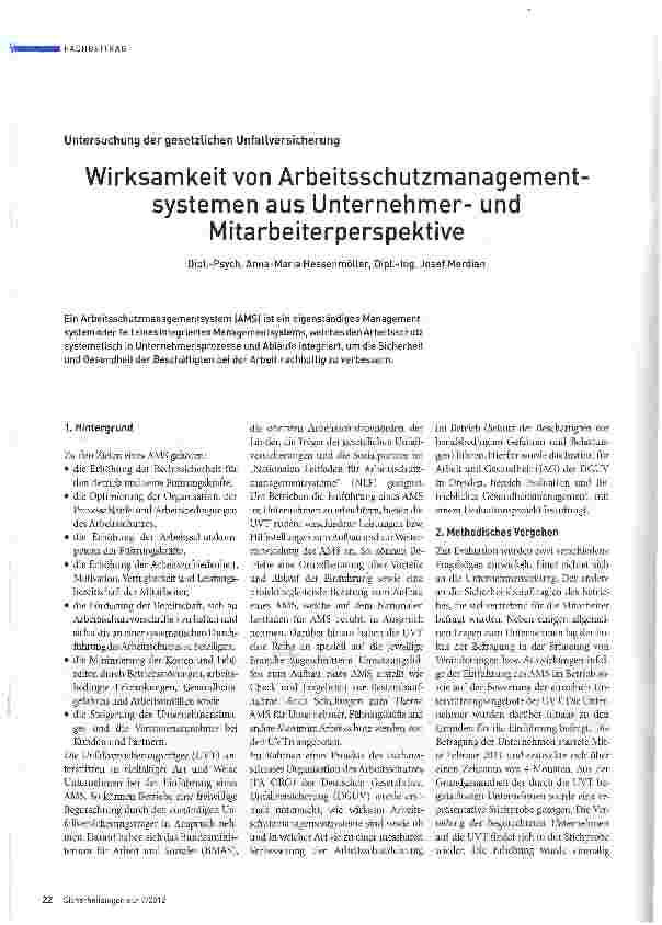 Vorschauseite 1: Wirksamkeit von Arbeitsschutzmanagement Systemen aus Unternehmerund Mitarbeiterperspektive