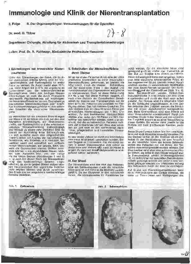 Vorschauseite 1: Immunologie und Klinik der Nierentransplantation 2. Folge: II. Der Organempfänger: Voraussetzungen für die Operation