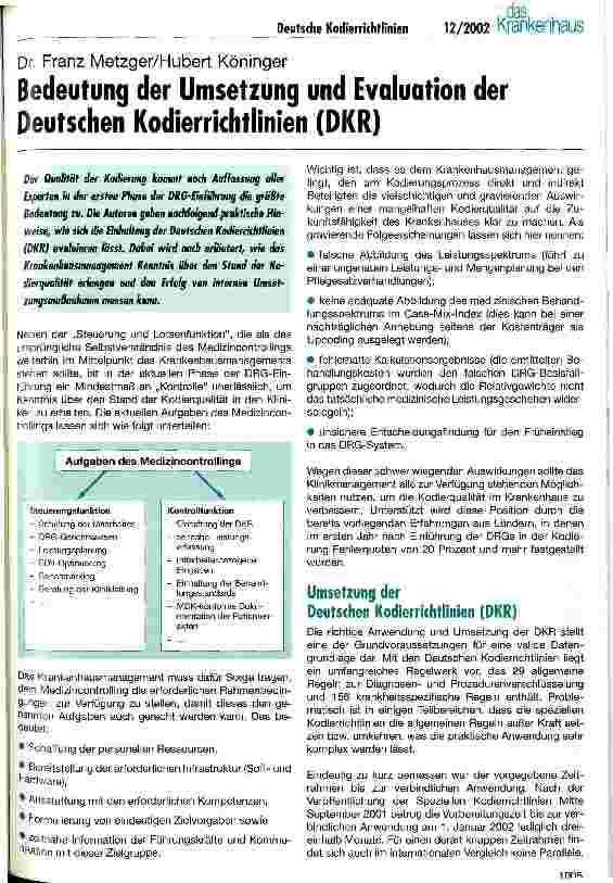 Vorschauseite 1: Bedeutung der Umsetzung und Evaluation der Deutschen Kodierrichtlinien (DKR)