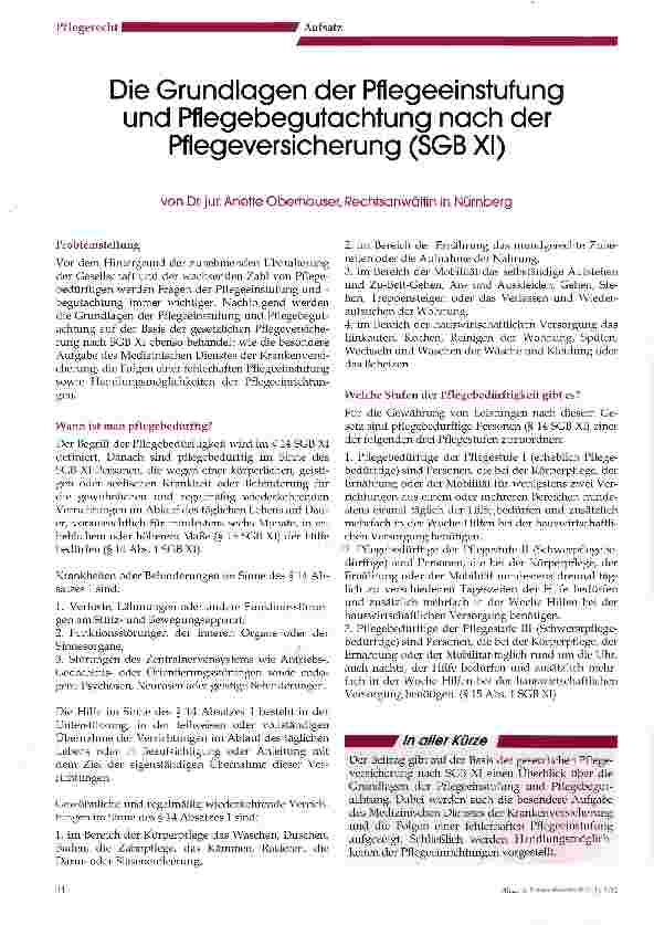 Vorschauseite 1: Die Grundlagen der Pflegeeinstufung und Pflegebegutachtung nach der Pflegeversicherung (SGB XI)