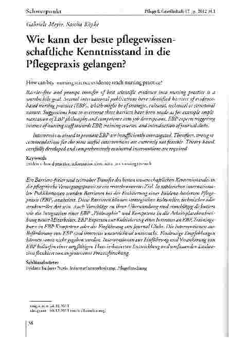 Vorschauseite 1: Wie kann der beste pflegewissenschaftliche Kenntnisstand in die Pflegepraxis gelangen?