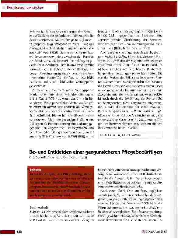Vorschauseite 1: Beund Entkleiden einer sangunsicheren Pflegebedürftigen OLG Düsseldorf vom 17. 1. 2012 (1-24 U 78/11)