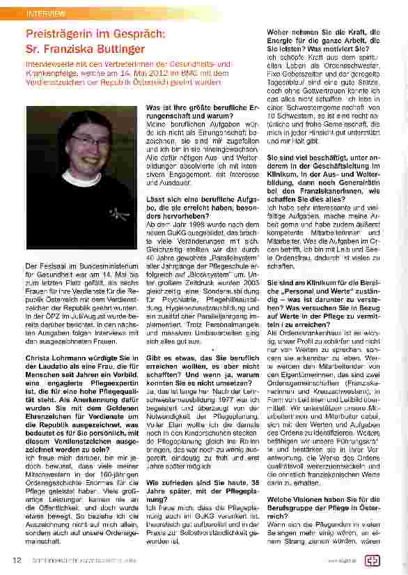 Vorschauseite 1: Preisträgerin im Gespräch: Sr. Franziska Buttinger