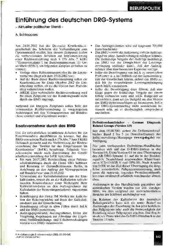 Vorschauseite 1: Einführung des deutschen DRG-Systems Aktueller politischer Stand