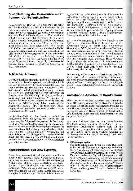 Vorschauseite 2: Einführung des deutschen DRG-Systems Aktueller politischer Stand