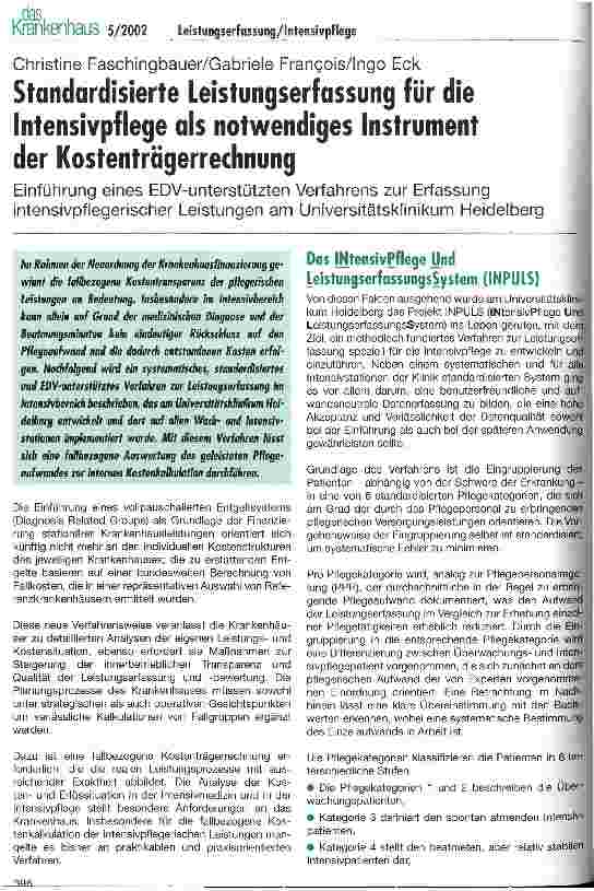 Vorschauseite 1: Standardisierte Leistungserfassung für die Intensivpflege als notwendiges Instrument der Kostenträgerrechung Einführung eines EDV-gestützten Verfahrens zur Erfassung intensivpfleg…