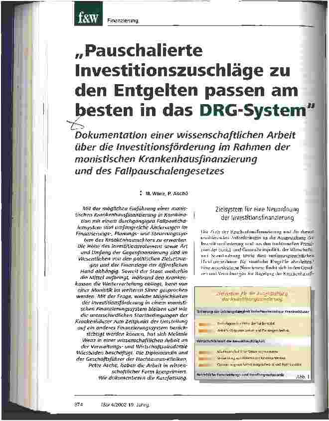 Vorschauseite 1: Pauschalierte Investitionszuschläge zu den Entgelten passen am besten in das DRG-System