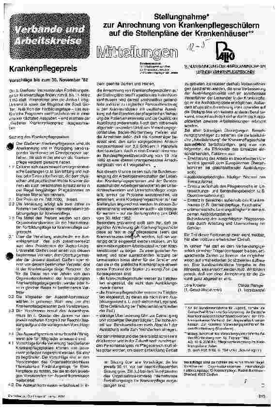 Vorschauseite 1: Stellungnahme zur Anrechnung von Krankenpflegeschülern auf die Stellenpläne der Krankenhäuser