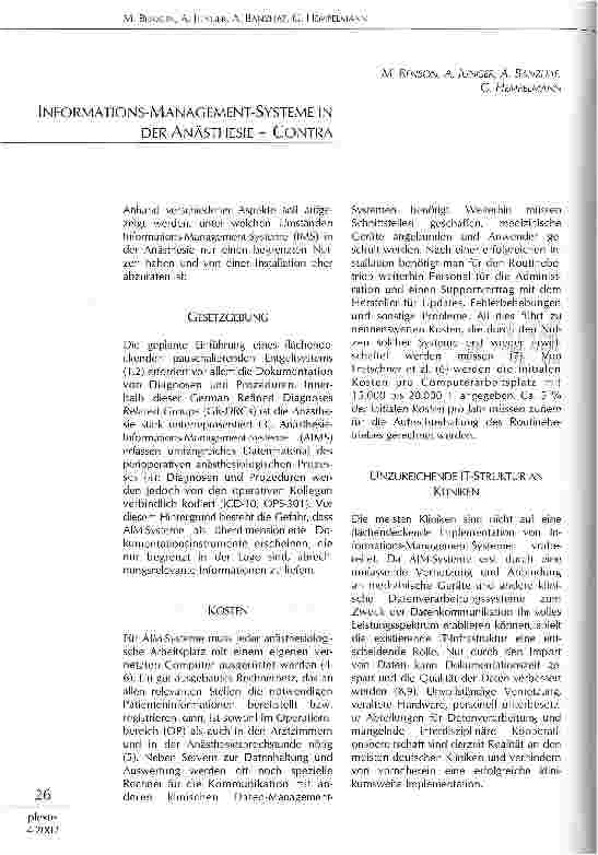 Vorschauseite 1: Informations-Management-Systeme in der Anästhesie - Contra