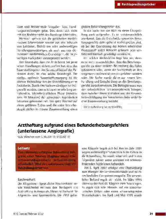 Vorschauseite 1: Arzthaftung aufgrund eines Befunderhebungsfehlers (unterlassene Angiografie)OLG München vom 6.10.2011 (1 U 5220/10)
