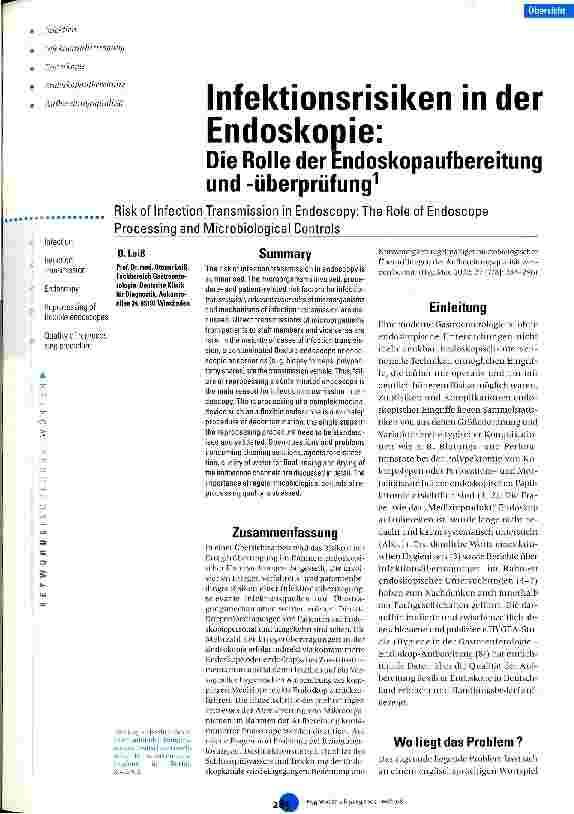 Vorschauseite 1: Infektionsrisiken in der Endoskopie Die Rolle der Endoskopaufbereitung und -überprüfung