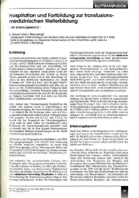 Vorschauseite 1: Hospitation und Fortbildung zur transfusionsmedizinischen Weiterbildung Ein Erfahrungsbericht