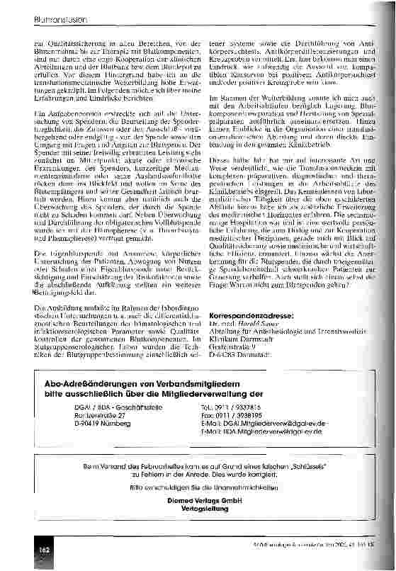 Vorschauseite 2: Hospitation und Fortbildung zur transfusionsmedizinischen Weiterbildung Ein Erfahrungsbericht