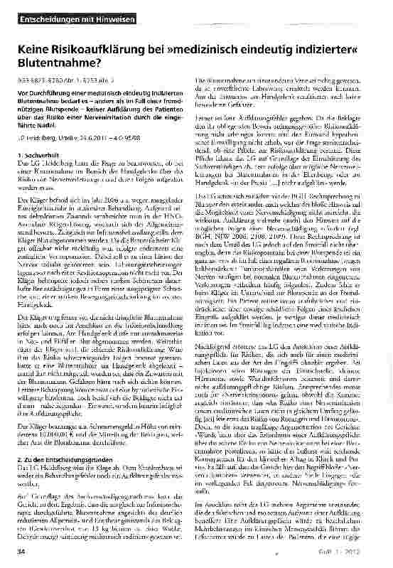 Vorschauseite 1: Keine Risikoaufklärung bei »medizinisch eindeutig indizierter« Blutentnahme? BGB§823, §280 Abs.1, §253 Abs.2