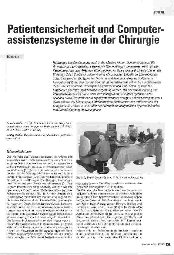 Vorschauseite 1: Patientensicherheit und Computerassistenzsysteme in der Chirurgie