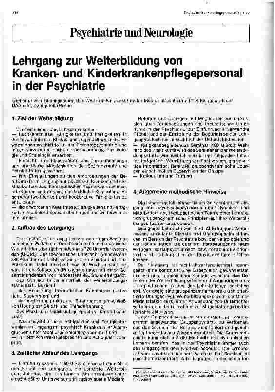 Vorschauseite 1: Lehrgang zur Weiterbildung von Krankenund Kinderkrankenpflegepersonal in der Psychatrie