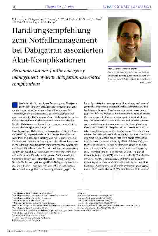 Vorschauseite 1: Handlungsempfehlung zum Notfallmanagement bei Dabigatran assoziierten Akut-Komplikationen