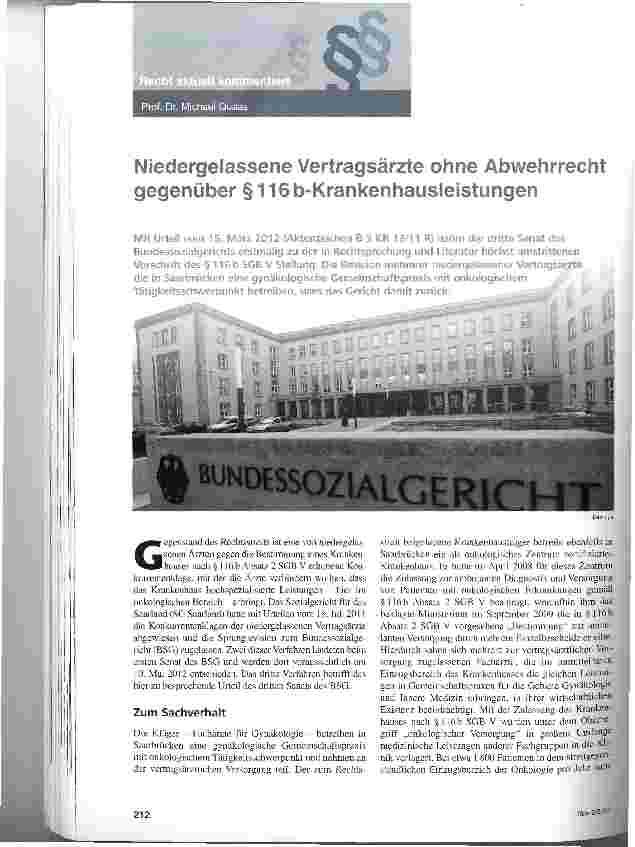 Vorschauseite 1: Niedergelassene Vertragsärzte ohne Abwehrrecht gegenüber § 116 b-Krankenhausleistungen