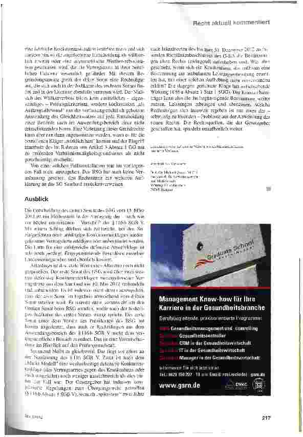 Vorschauseite 6: Niedergelassene Vertragsärzte ohne Abwehrrecht gegenüber § 116 b-Krankenhausleistungen