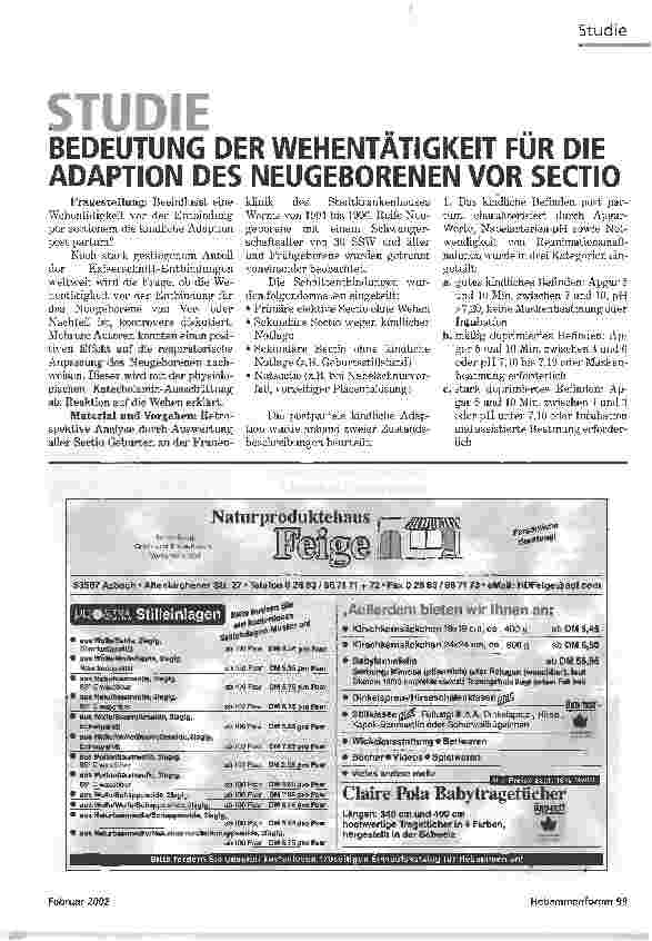 Vorschauseite 1: STUDIE BEDEUTUNG DER WEHENTÄTIGKEIT FÜR DIE ADAPTION DES NEUGEBORENEN VOR SECTIO