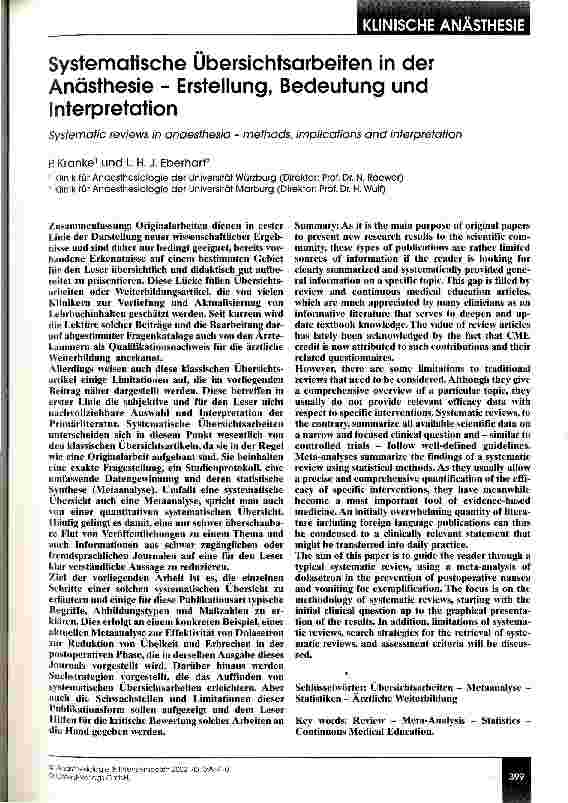 Vorschauseite 1: Systematische Übersichtsarbeiten in der Anästhesie - Erstellung, Bedeutung und Interpretation