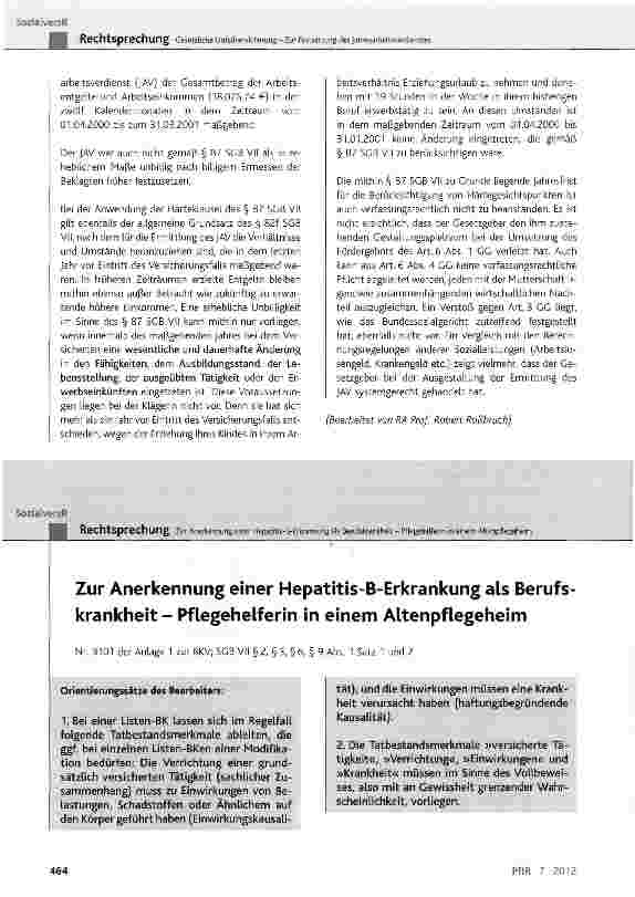 Vorschauseite 1: Zur Anerkennung einer Hepatitis-B-Erkrankung als Berufskrankheit- Pf Legehelferin in einem Altenpflegeheim