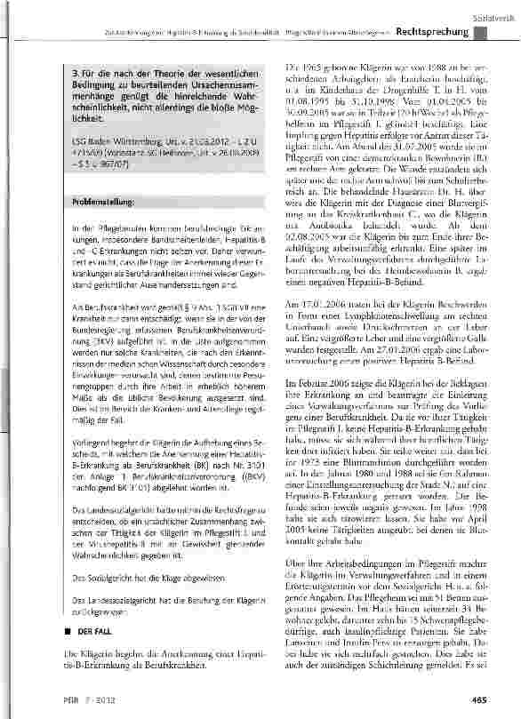 Vorschauseite 2: Zur Anerkennung einer Hepatitis-B-Erkrankung als Berufskrankheit- Pf Legehelferin in einem Altenpflegeheim
