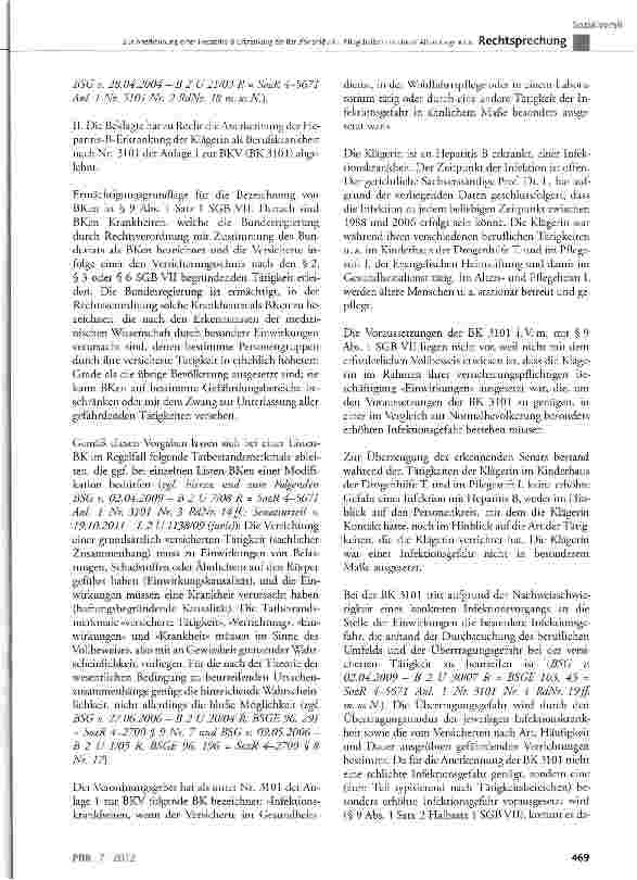 Vorschauseite 6: Zur Anerkennung einer Hepatitis-B-Erkrankung als Berufskrankheit- Pf Legehelferin in einem Altenpflegeheim