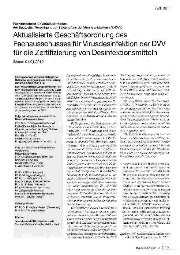 Vorschauseite 1: Aktualisierte Geschäftsordnung des Fachausschusses für Virusdesinfektion der DW für die Zertifizierung von Desinfektionsmitteln
