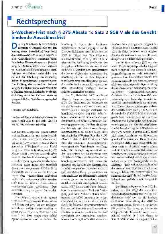 Vorschauseite 1: 6-Wochen-Frist nach § 275 Absatz 1c Satz 2 SGB V als das Gericht bindende Ausschlussfrist