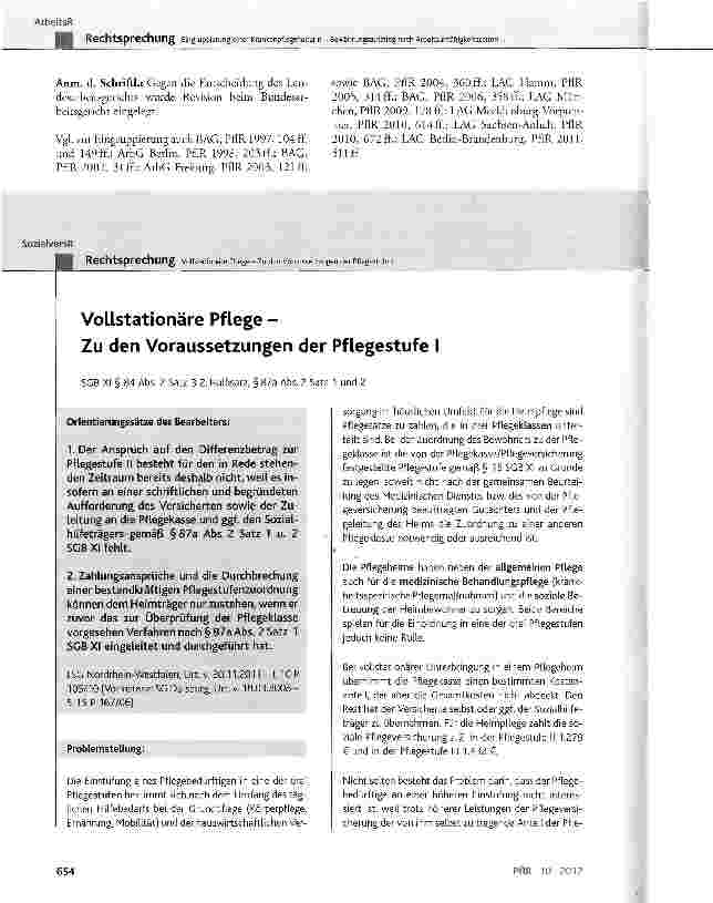 Vorschauseite 1: Vollstationäre Pflege - Zu den Voraussetzungen der Pflegestufe I SGB XI § 84 Abs. 2 Satz 3 2. Halbsatz, §87a Abs. 2 Satz 1 und 2