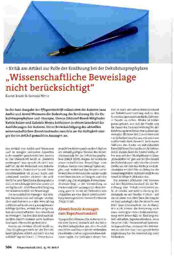 Vorschauseite 1: „Wissenschaftliche Beweislage nicht berücksichtigt Kritik am Artikel zur Rolle der Ernährung bei der Dekubitusprophylaxe