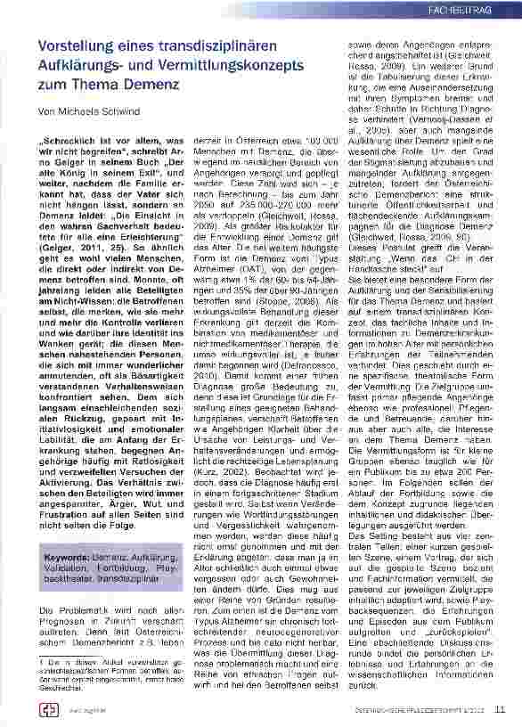 Vorschauseite 1: Vorstellung eines transdisziplinären Aufklärungsund Vermittlungskonzepts zum Thema Demenz