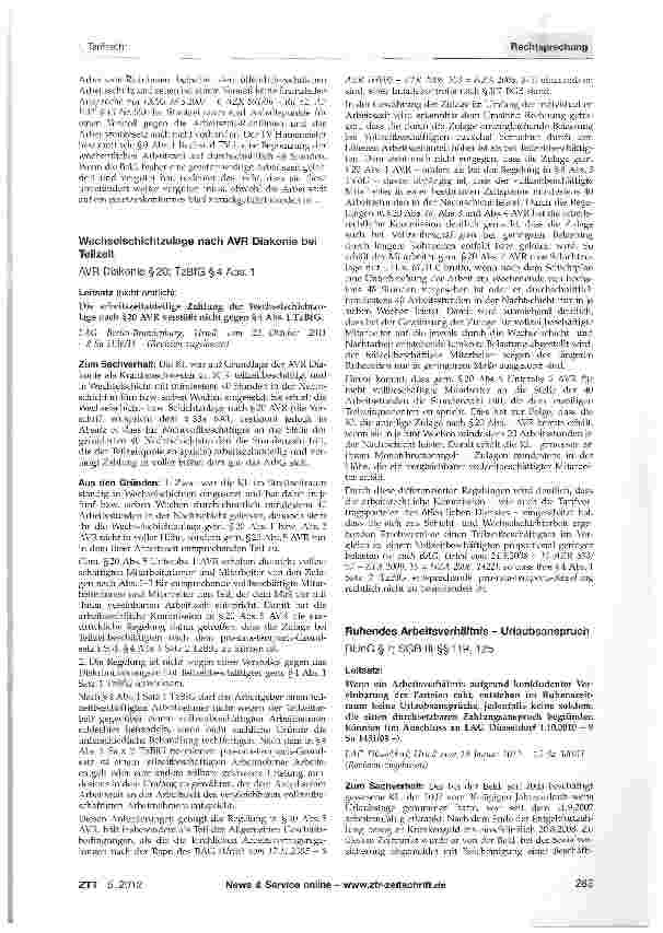Vorschauseite 1: Wechselschichtzulage nach AVR Diakonie bei Teilzeit AVR Diakonie §20; TzBfG §4 Abs. 1