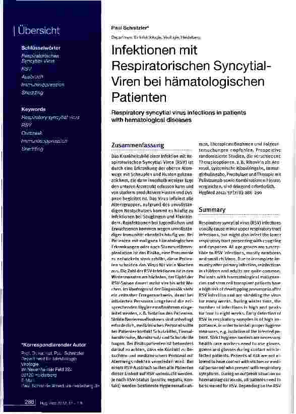 Vorschauseite 1: Infektionen mit Respiratorischen Syncytial Viren bei hämatologischen Patienten