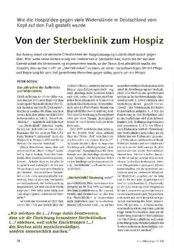 Vorschauseite 1: Wie die Hospizidee gegen viele Widerstände in Deutschland vom Kopf auf den Fuß gestellt wurde. Von der Sterbeklinik zum Hospiz
