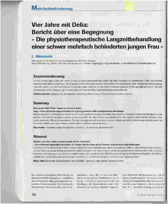 Vorschauseite 1: Vier Jahre mit Delia: Bericht über eine Begegnung- Die physiotherapeutische Langzeitbehandlungeiner schwer mehrfach behinderten jungen Frau