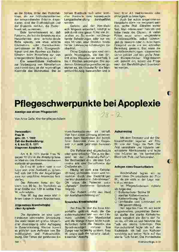 Vorschauseite 1: Pflegeschwerpunkte bei Apoplexie Auszüge aus einem Pflegebericht