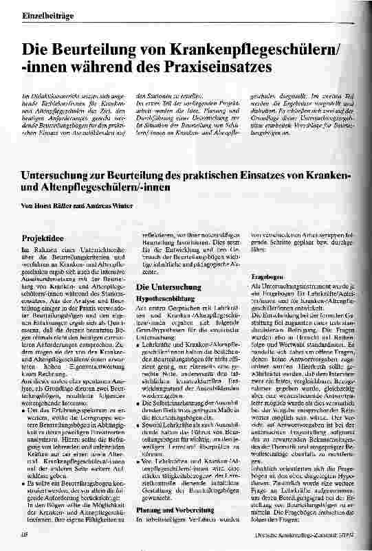 Vorschauseite 1: Untersuchung zur Beurteilung des praktischen Einsatzes von Krankenund Altenpflegeschülern/innen
