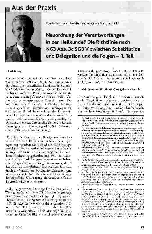 Vorschauseite 1: Neuordnung der Verantwortungen in der Heilkunde? Die Richtlinie nach § 63 Abs. 3c SGB V zwischen Substitution und Delegation und die Folgen - 1. Teil
