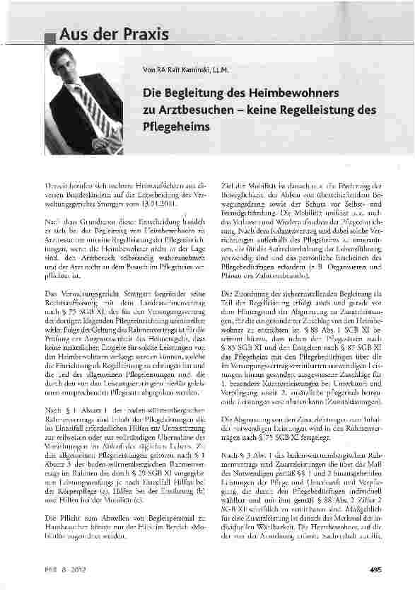 Vorschauseite 1: Die Begleitung des Heimbewohners zu Arztbesuchen - keine Regelleistung des Pflegeheims
