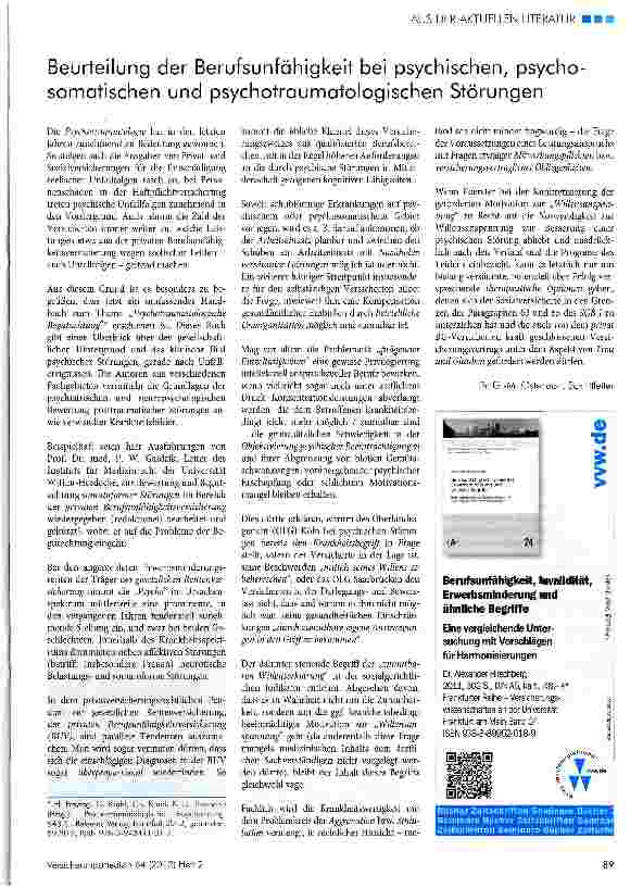 Vorschauseite 1: Beurteilung der Berufsunfähigkeit bei psychischen, psycho somatischen und psychotraumatologischen Störungen