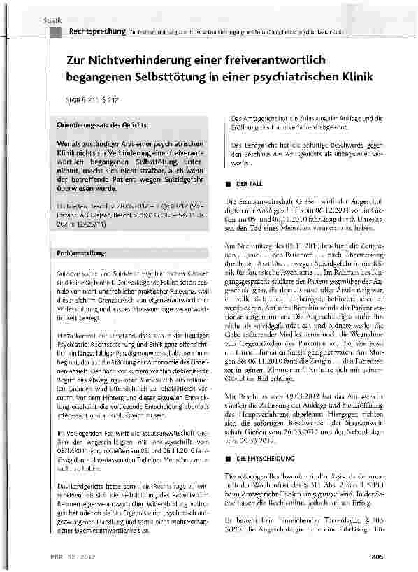 Vorschauseite 1: Zur NichtVerhinderung einer freiverantwortlich begangenen Selbsttötung in einer psychiatrischen Klinik StCB§ 211, § 212