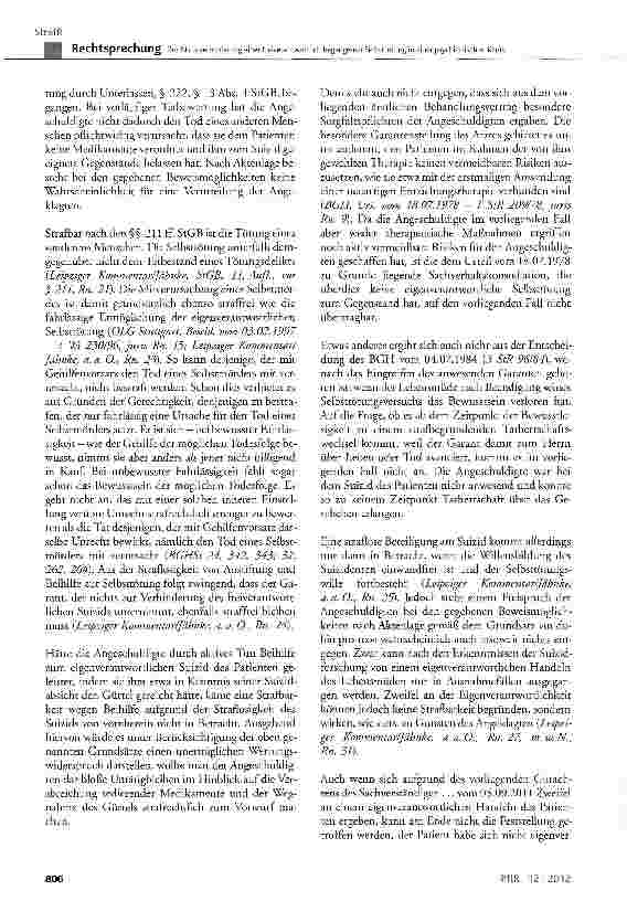 Vorschauseite 2: Zur NichtVerhinderung einer freiverantwortlich begangenen Selbsttötung in einer psychiatrischen Klinik StCB§ 211, § 212