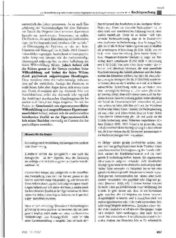 Vorschauseite 3: Zur NichtVerhinderung einer freiverantwortlich begangenen Selbsttötung in einer psychiatrischen Klinik StCB§ 211, § 212