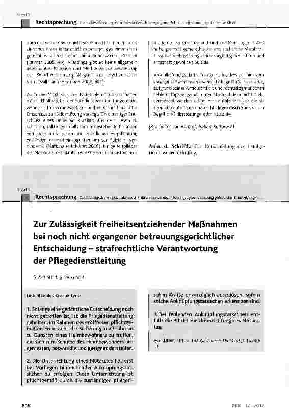 Vorschauseite 4: Zur NichtVerhinderung einer freiverantwortlich begangenen Selbsttötung in einer psychiatrischen Klinik StCB§ 211, § 212