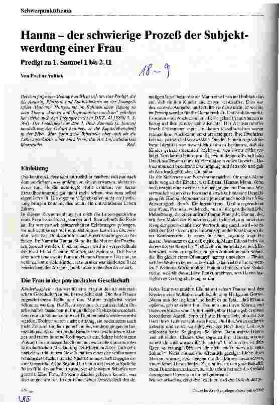 Vorschauseite 1: Hanna - der schwierige Prozeß der Subjektwerdung einer Frau Predigt zu 1. Samuel 1 bis 2, 11