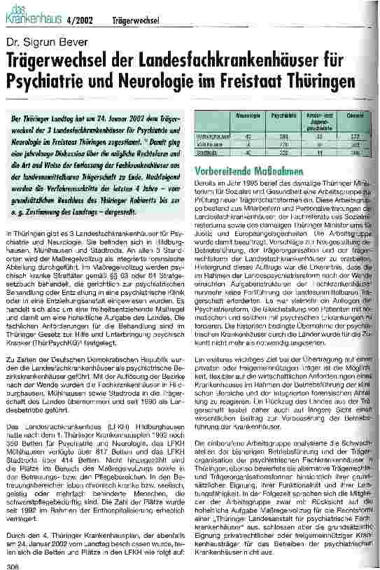 Vorschauseite 1: Trägerwechsel der Landesfachkrankenhäuser für Psychiatrie und Neurologie im Freistaat Thüringen